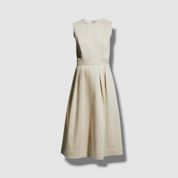 $1198 Lafayette 148 New York Womens Beige Striped Linen/Silk Midi Dress Size 14